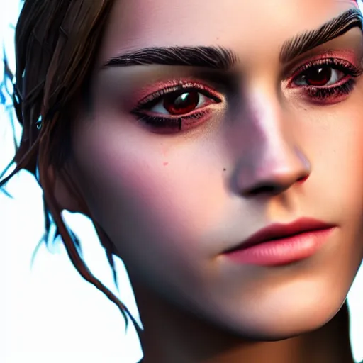 Image similar to full body textured film grain eye shadow smoky eyes fashion model face emma watson as a fortnite character cgsociety octane render unreal engine redshift render trending on artstation trending on artstation render blender behance cg superhero