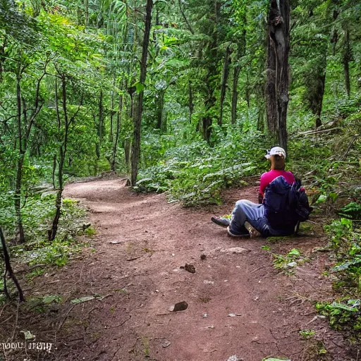 Prompt: You are in a heavily forested area of the mountain, where the trail is barely visible. You're likely the only one to use this path in a long time. After hiking for several hours, you sit down, figuring it's time for a break.