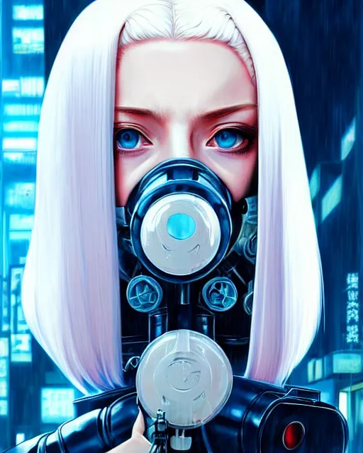 Image similar to white haired cyborg sophie turner wears gas mask octopus chimera, fine detail!! anime!! realistic shaded lighting!! poster by ilya kuvshinov katsuhiro otomo ghost in the shell, rutkowski giger villeneuve artgerm garmash and rob rey