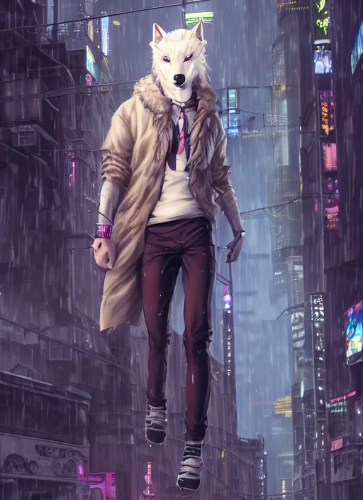 Image similar to character portrait of a male anthro albino wolf fursona with a tail and a cute beautiful attractive detailed furry face wearing stylish cyberpunk clothes in a cyberpunk city at night while it rains. hidari, color page, tankoban, 4K, tone mapping, Akihiko Yoshida. Nomax, Kenket, Rukis. comic book style, photorealistic, professional lighting, hyperdetailed, high resolution, high quality, dramatic, deviantart, artstation, 4k, real photo