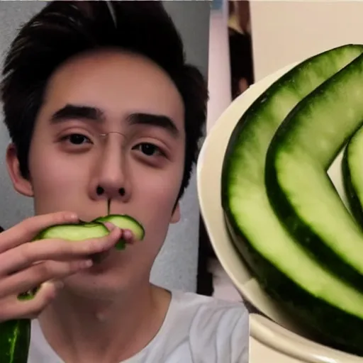 Prompt: hachubby, korean streamer on twitch eating a cucumber, photography