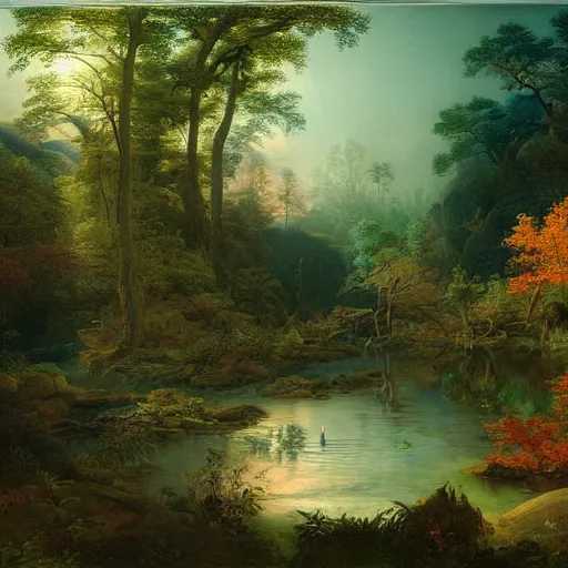 Image similar to a forest oasis, rock pools, harmony of nature, infinite dawn, angelic light, sparkling dew, by asher brown durand, by iyoshitaka amano