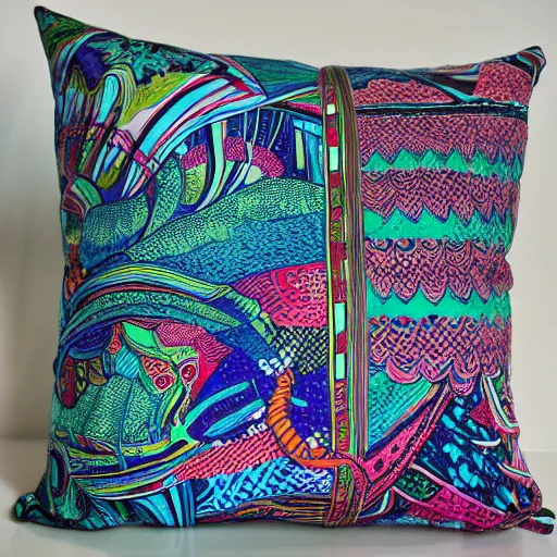 Image similar to a unique and amazing pillow, product shot, intricate, fine detail, full maximalist print, bright colours