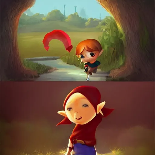 Image similar to cute little boy character inspired in little hood red and link from legend of zelda, digital artwork made by lois van barlee and rhads