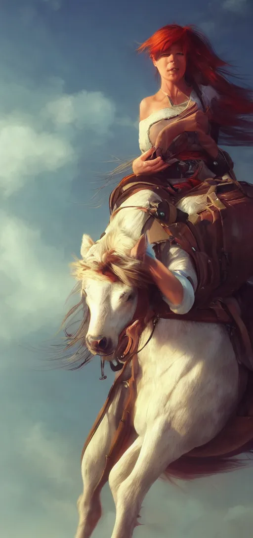 Image similar to southern ginger woman in ripped overalls riding a horse with a white mane, airbrushed, hazy, gentle, soft lighting, wojtek fus, by makoto shinkai and ilya kuvshinov,