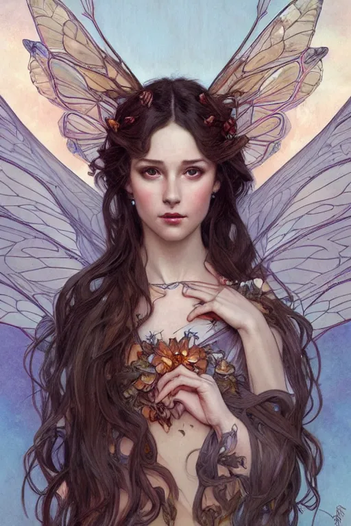 Image similar to portrait of a beautiful fairy with wings, headshot, symmetrical, elegant, regal, intricate, twilight background, highly detailed, digital painting, artstation, sharp focus, watercolor, muted color, complementary colors, art by artgerm, greg rutkowski and alphonse mucha