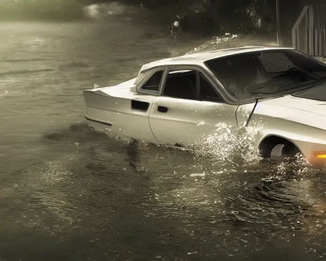 Image similar to white lotus esprit submerged under water, cinematic, photoreal, by red dead redemption 2