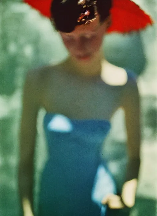 Prompt: out of focus, head to shoulders woman, photography by saul leiter and ernst haas in a decorated pompeii peristylium, tea green, airforce blue, red, pale skin, closed eyes