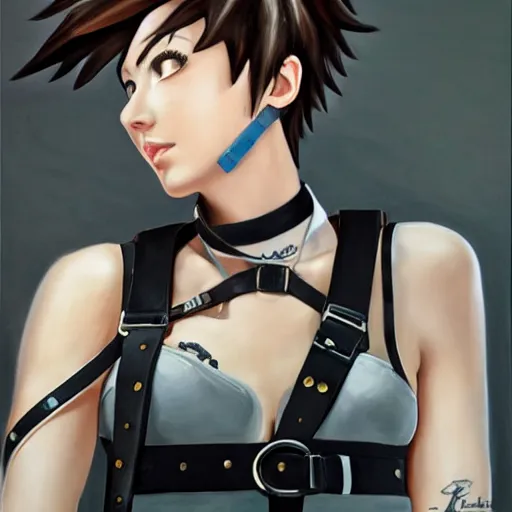 Image similar to oil painting of tracer overwatch in a field wearing very large black leather belt choker collar around neck, in style of mark arian, expressive face, very detailed face, very detailed eyes, belt around neck, full body, feminine face, tracer overwatch,