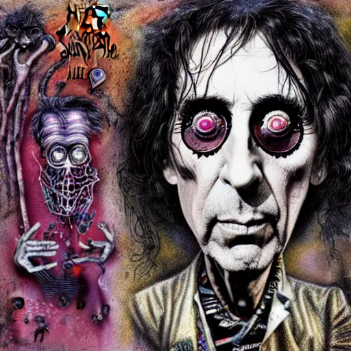 Prompt: graphic illustration, creative design, alice cooper, biopunk, francis bacon, highly detailed, hunter s thompson, mixed media, concept art