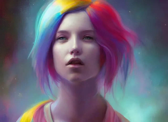 Prompt: a girl with rainbow hair standing in a spaceship, by jeremy lipking, by artgerm, realistic expressive oil painting, cgsociety, anime style, detailed spaceship interior, octane render