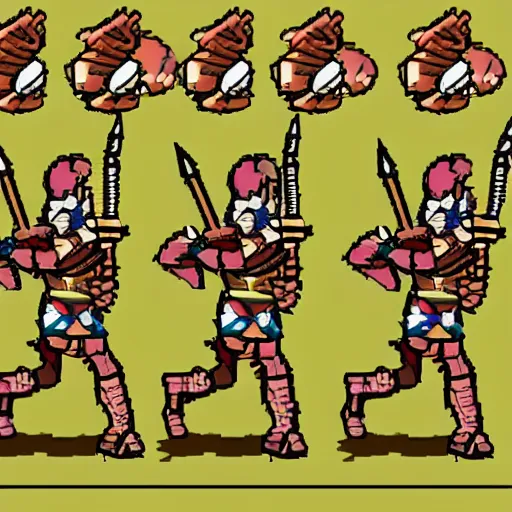 Prompt: spritesheet for the main character of a 2d jump and run, Man with a spear, brass armor