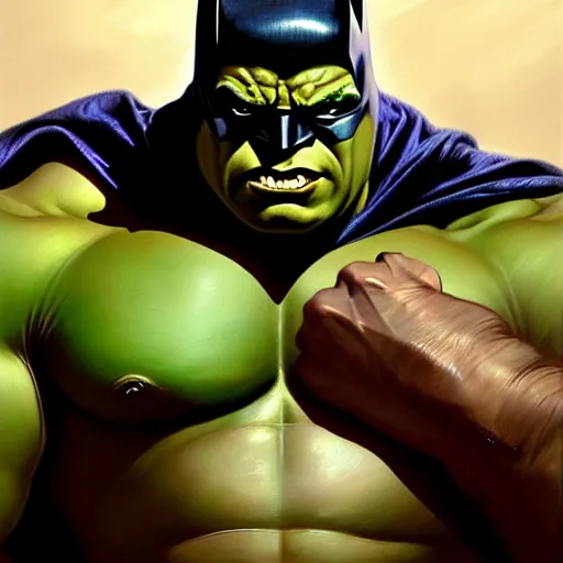 Prompt: portrait of the hulk as batman, intricate elegant, highly detailed, digital painting, artstation, concept art, smooth, sharp focus, illustration, art by ( artgerm ) and greg rutkowski! and ( alphonse mucha ), heavily influenced by frank frazetta and boris vallejo, sword and sorcery