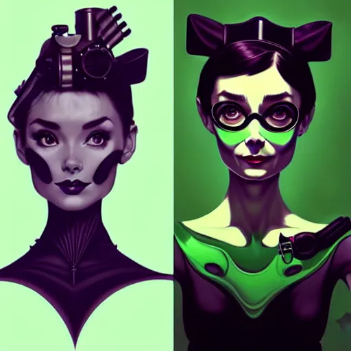 Prompt: in the style of peter mohrbacher, artgerm, beautiful audrey hepburn, steampunk, elegant pose, middle shot, spooky, symmetrical face symmetrical eyes, three point lighting, detailed realistic eyes, short neck, purple and green top clothing, insanely detailed and intricate elegant
