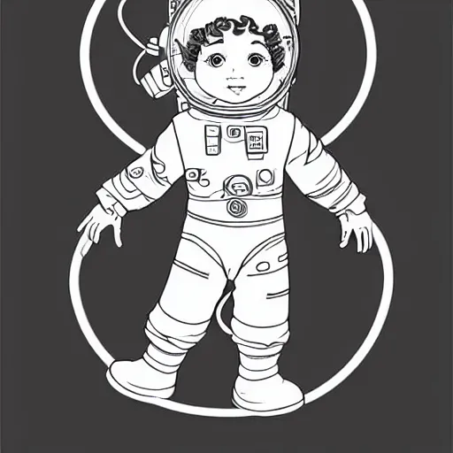 Image similar to clean simple line art of a cute little girl with short wavy curly hair. she is dressed as an astronaut. no background. well composed, clean coloring book page, beautiful detailed face. coloring book line art by artgerm and greg rutkowski and johanna basford and alphonse mucha