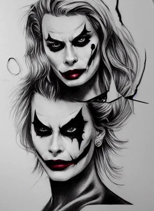 Image similar to tattoo design of beautiful margot robbie with joker makeup, holding an ace card, slight smile, in the style of den yakovlev, realistic face, black and white, realism tattoo, hyper realistic, highly detailed