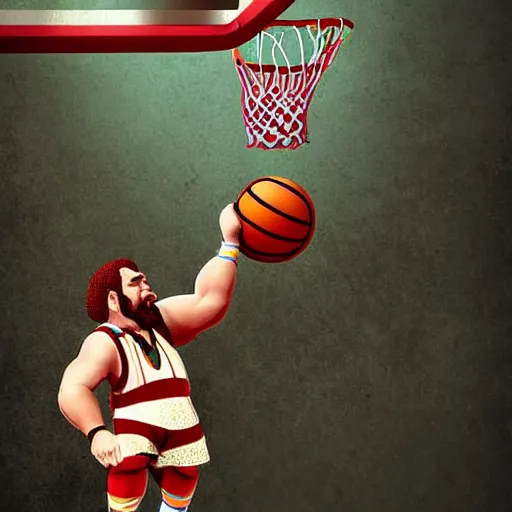 Image similar to a dwarf is dunking a basketball, digital art, highly detailed, realistic, bright colors, 8 k