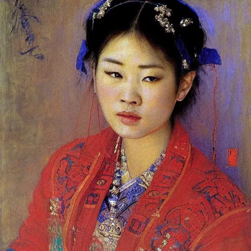 Image similar to portrait of asian beautiful woman masterpiece painting by vasnetsov and surikov, JEAN-VICTOR BERTIN, by Terence Cuneo, detailed, t artfully traced