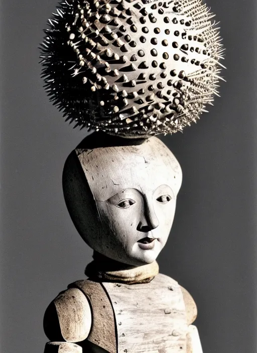 Image similar to realistic photo of a a medieval wooden girl doll sculpture dressed white spherical hat helmet, covered in spikes pattern, black brushwood, greyscale grain 1 9 6 0, life magazine photo, natural colors, metropolitan museum, kodak