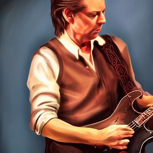 Image similar to portrait of a robert palmer model playing guitar, D&D, beautiful, realistic, cinematic lighting, fantasy digital painting