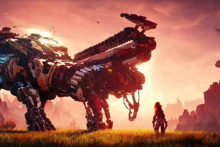 Image similar to snapmaw machine mecanical creature robot of horizon forbidden west horizon zero dawn radiating a glowing aura global illumination ray tracing hdr fanart arstation by ian pesty and alena aenami artworks in 4 k