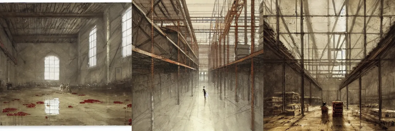 Prompt: inside of a warehouse, papyrus, watercolored, jakub rozalski