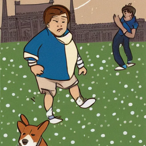 Image similar to illustration of french boy in paris playing football against a corgi, the corgi is wearing a polka dot scarf