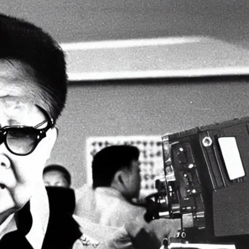 Prompt: A filmstill of Kim Jong-il looking upwards towards a movie screen projecting monster movies, cinemascope