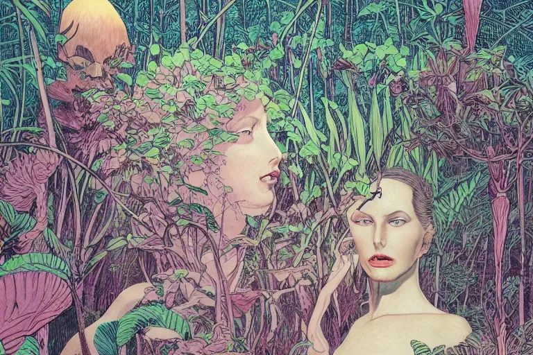 Image similar to gigantic woman head, a lot of exotic vegetation around, trees, flowers, risograph!, oldschool vintage sci - fi flat surreal design, super - detailed, fullshot, painting by moebius and luigi serafini