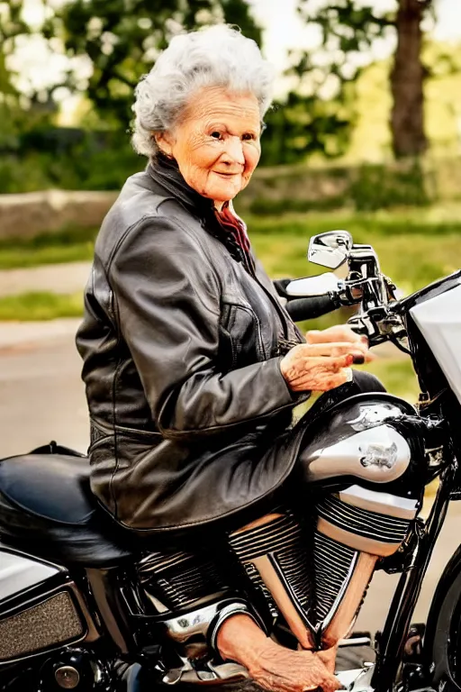 Image similar to a beautiful portrait photo of old grandmother riding on a Harley Davidson bike, cinematic masterpiece