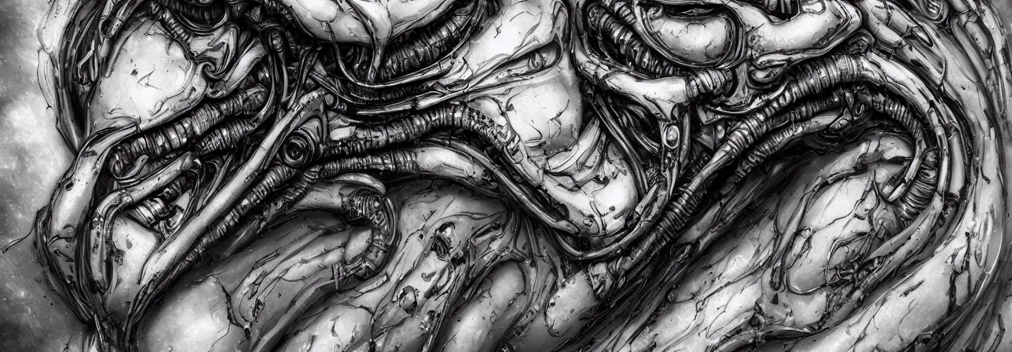 Prompt: engineer alien bood face by Artgerm, xenomorph alien, highly detailed, symmetrical long head, blood color, smooth marble surfaces, detailed ink illustration, raiden metal gear, cinematic smooth stone, deep aesthetic, concept art, post process, 4k, carved marble texture and silk cloth, latex skin, highly ornate intricate details, prometheus, evil, moody lighting, hr geiger, hayao miyazaki, indsutrial Steampunk