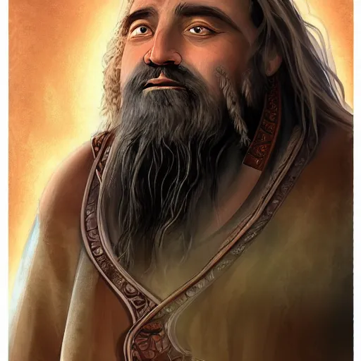 Image similar to Half-length portrait of Antares, a middle-aged dwarf man with long beard and a grave voice, that works as a master chef and lives in the nature, epic dramatic digital art.