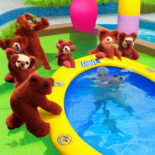 Image similar to teddybears playing in the pool, 8k