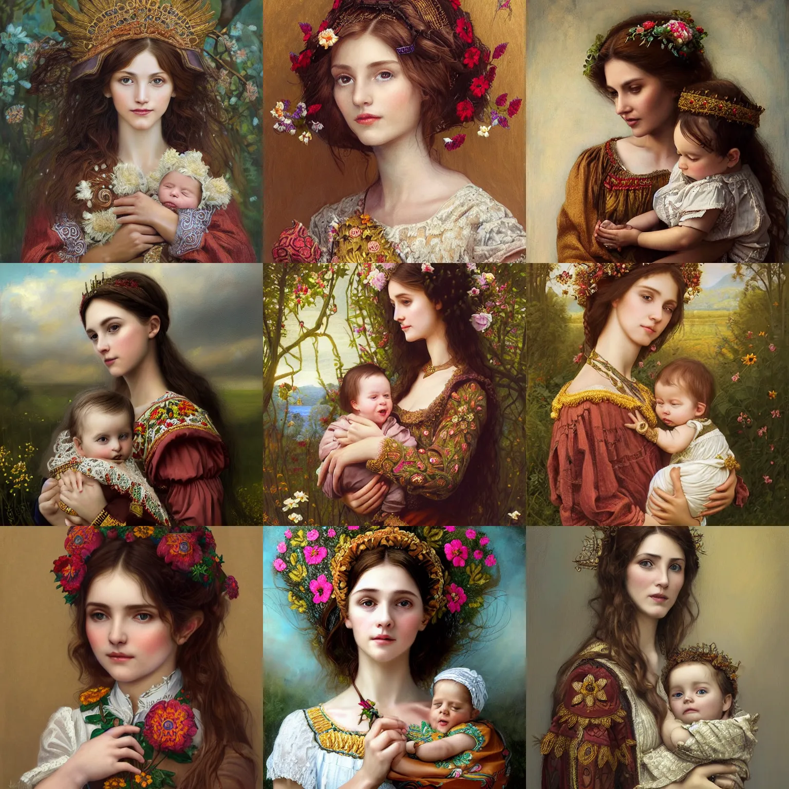 Image similar to brown haired lady with little baby in her hands, embroidered shirt, ukrainian national costume, filigree crown with textile embroidery flowers, ukrainian madonna, pre - raphaelite beautiful, playful smile, detailed portrait, intricate complexity, acryl painting, charlie bowater, tom bagshaw, alexis franklin, elena masci, pawel rebisz