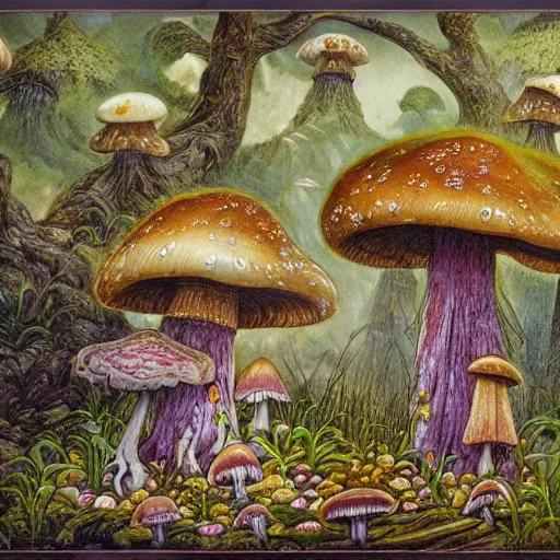 Image similar to abundant and elaborate visions once the mushroom gods come to roost