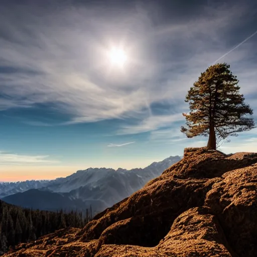 Prompt: a beautiful mountain landscape view from the summit with stunning eerie light and a large tree on the foreground, HD photograph, bokeh