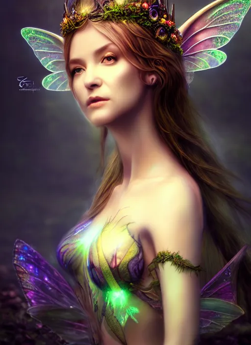 Prompt: beautiful full body portrait fairy faerie fey fae queen forest spirit highly detailed CGsociety subtle enchanting alluring magical concept art HDR hyper realistic volumetric lighting subsurface scattering unreal