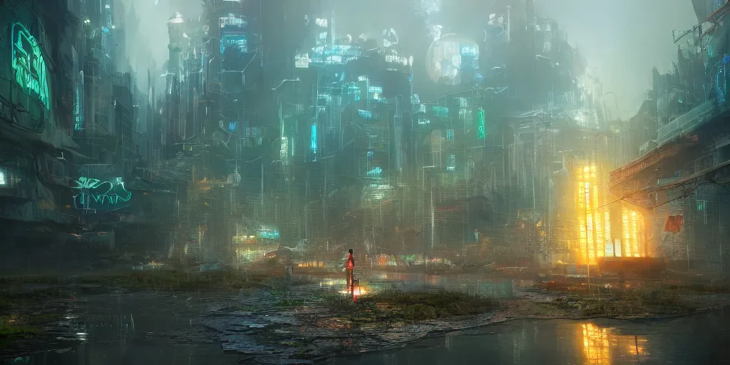 Image similar to fantasy cyberpunk lotus pond, concept art, render by octane and blender, hyper realistic, cinematic lighting, unreal engin 5, by krenz cushart, 8 k, vray render, artstation, deviantart