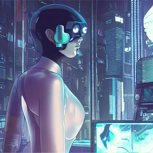 Image similar to a cinematic composition depicting : we're overlooking translucid crystal android being, whos is behind their heads up display viewing out of their window how a high tech lush solarpunk tribe collaborating with their technologic android helpers encroaching a cyberpunk robot retreat resort in the sauna at sunrise, ghost in the shell