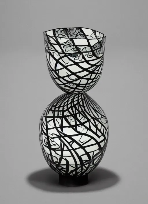 Prompt: Escher inspired flowerpot, with flowers, designed by Rene Lalique