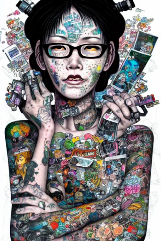 Image similar to full view, from a distance, of anthropomorphic trashcan who is a girl with tattoos from the novel neuromancer by william gibson, style of yoshii chie and hikari shimoda and martine johanna, highly detailed