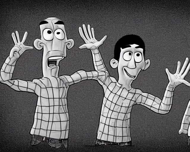 Image similar to detailed cartoon portrait of three brothers with four arms, pixar, sharp high quality