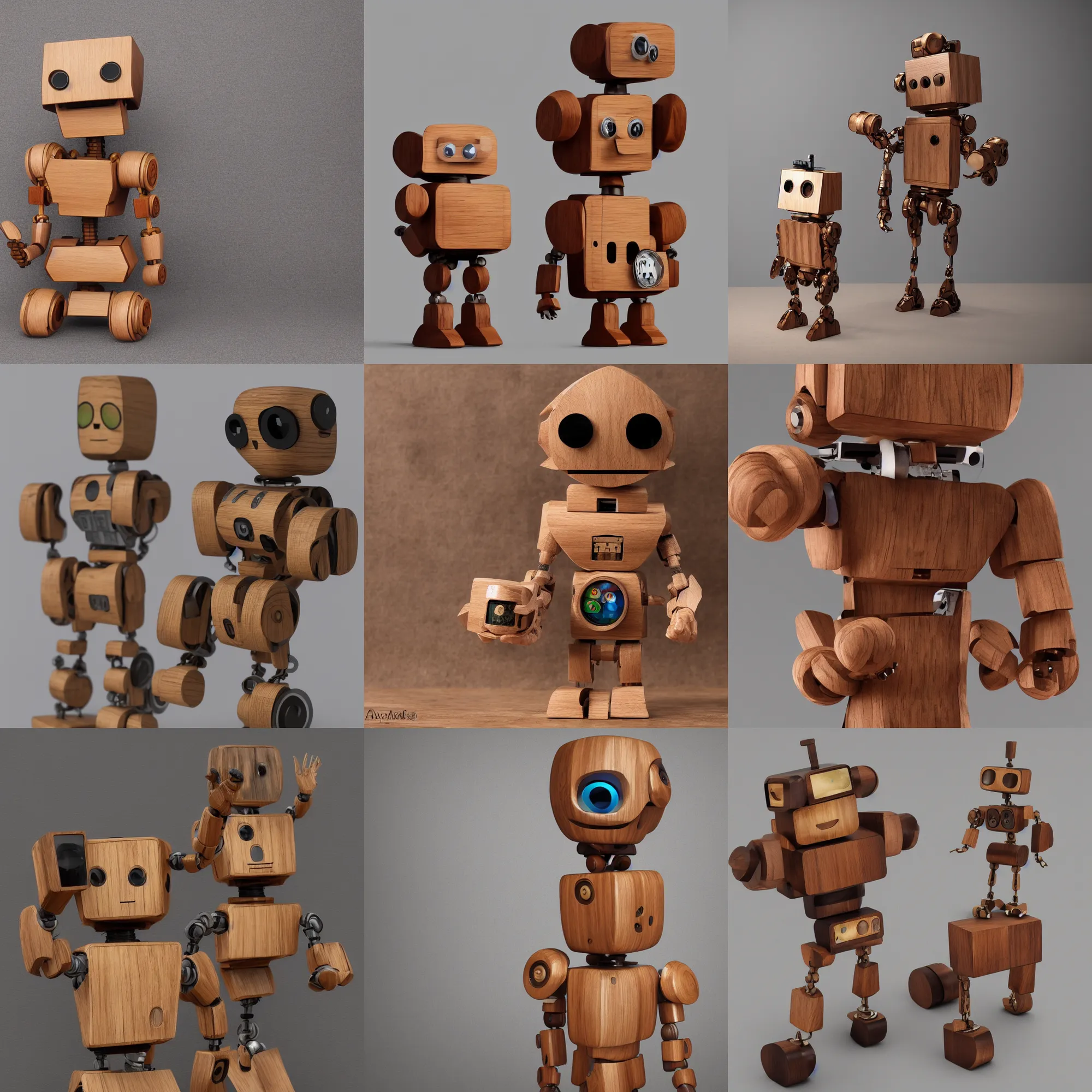 Prompt: 8 k photorealistic, a wooden art toys on a pedestal a cute robot wooden art by afshar petros