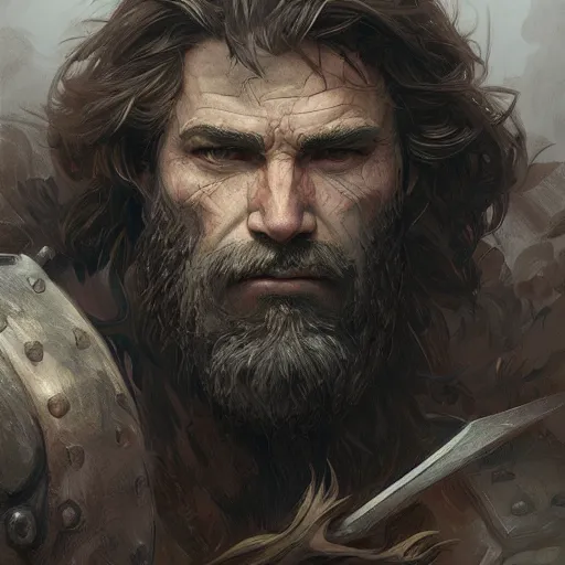 Image similar to portrait of a rugged male barbarian, D&D, fantasy, intricate, elegant, highly detailed, digital painting, artstation, concept art, smooth, sharp focus, illustration, art by artgerm and greg rutkowski and alphonse mucha