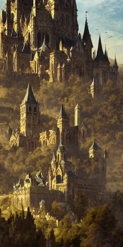 Image similar to medieval gothic city with castle on top of the hill, symetrical, very detailed, beautiful, intricate, cinematic, artstation, william bouguereau, alphonse mucha, greg rutkowski, highly detailed 4 k art, sharp focus, smooth, hd