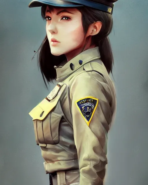 Image similar to Hyper realistic painting of a beautiful girl in a police uniform, hyper detailed, anime, by greg rutkowski, trending on artstation