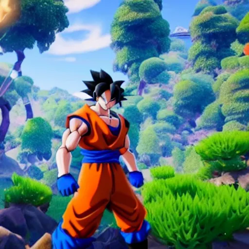 Image similar to still of goku from fortnite