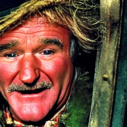 Image similar to robin williams as wurzel gummidge, looking in window at night, demented, wispy hair, drooling, slack jaw