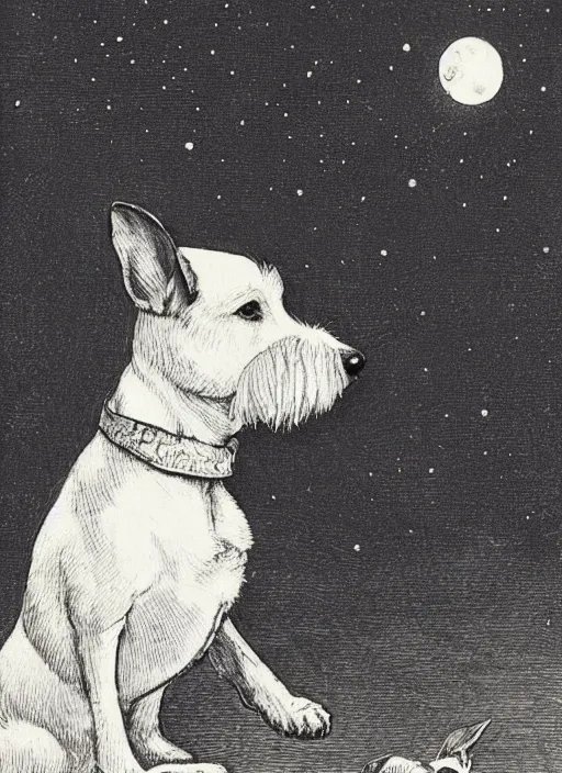 Image similar to candid portrait of jack russel dog looking up barking at the moon, from behind, night sky, highly detailed, illustrated by peggy fortnum and beatrix potter and sir john tenniel