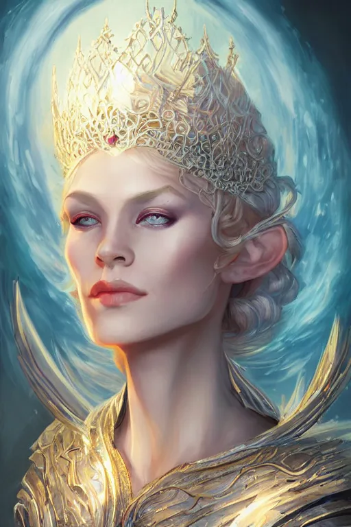 Image similar to stygian strange detailed portrait of a blue eyed, blonde haired crowned queen of summer with light elvish overtones and an arcane halo by kirsi Salonen, asya yoranova and peter mohrbacher trending on artstation